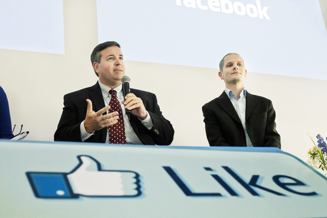Furlong, vice president of site operations at Facebook, and Kjellgren, data centre manager, attend a news conference in Lulea